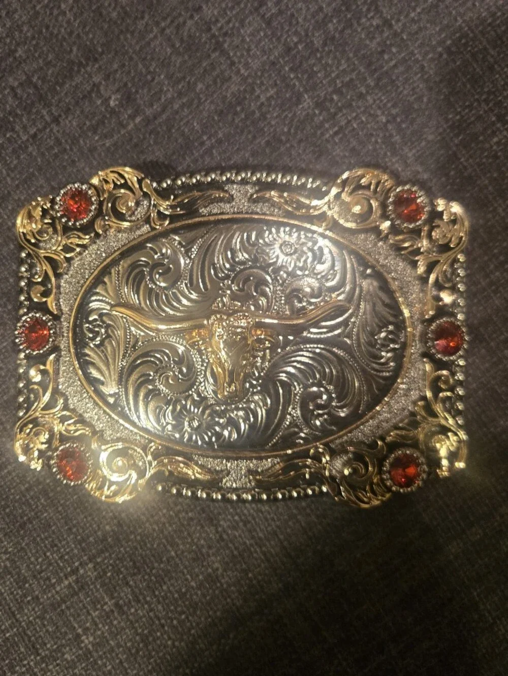 Western Belt Buckle - Longhorn with Red Stones
